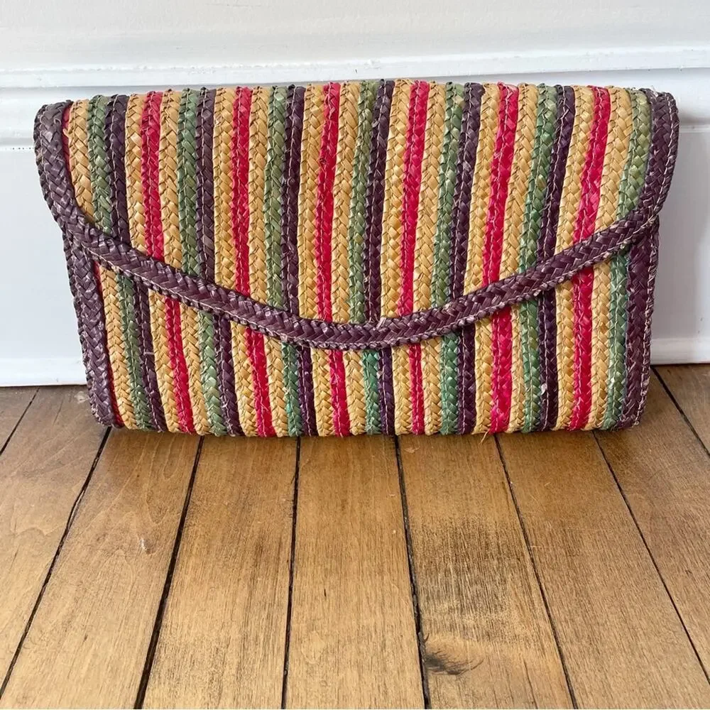 Vintage 80s Rainbow Striped Raffia Straw Envelope Clutch